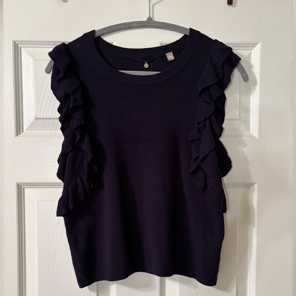 Anthropologie Navy Knitted & Knotted
Ruffle Sleeve Sweater Size S - Picture 1 of 14